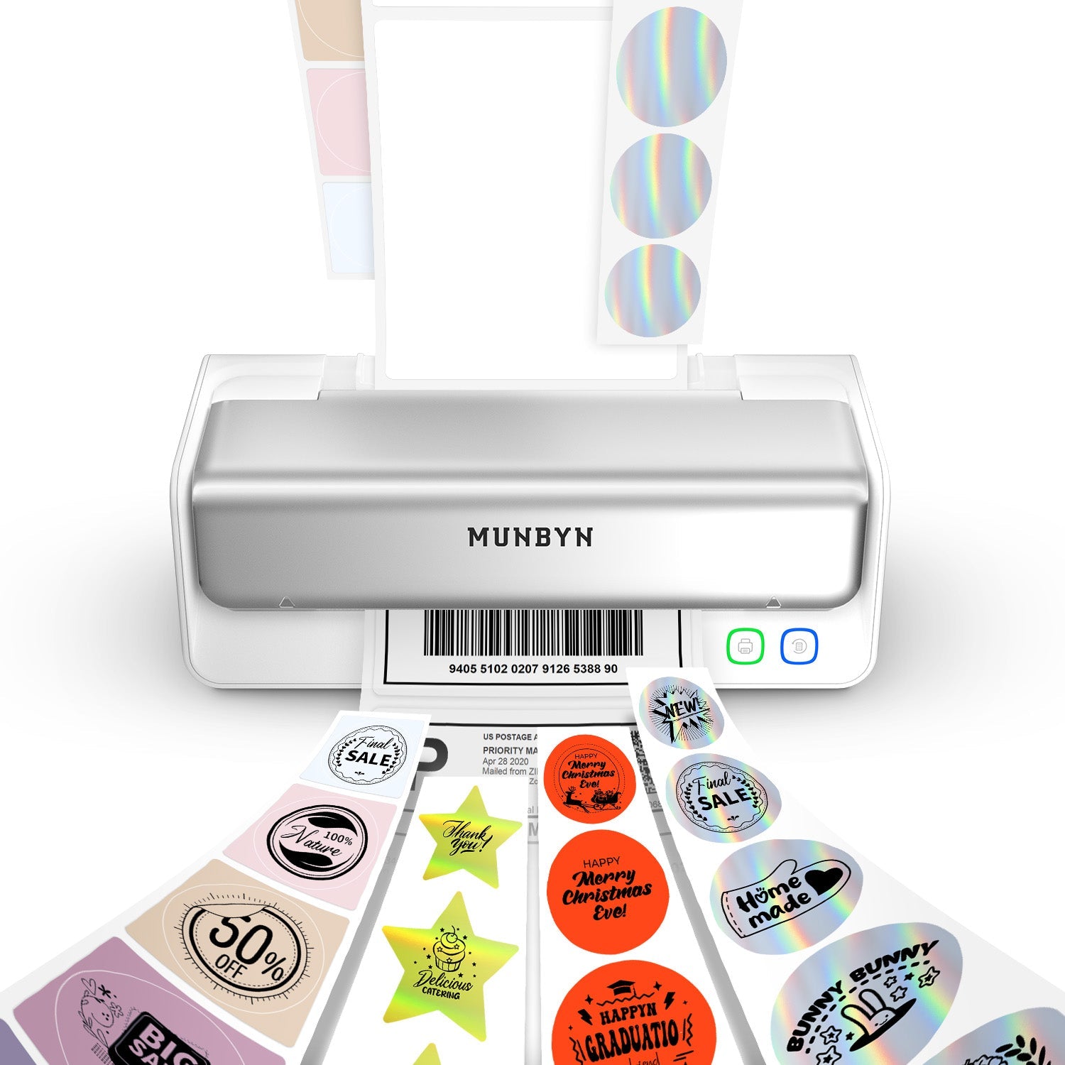 Thermal label printer printing colorful stickers, barcode labels, and holographic labels.