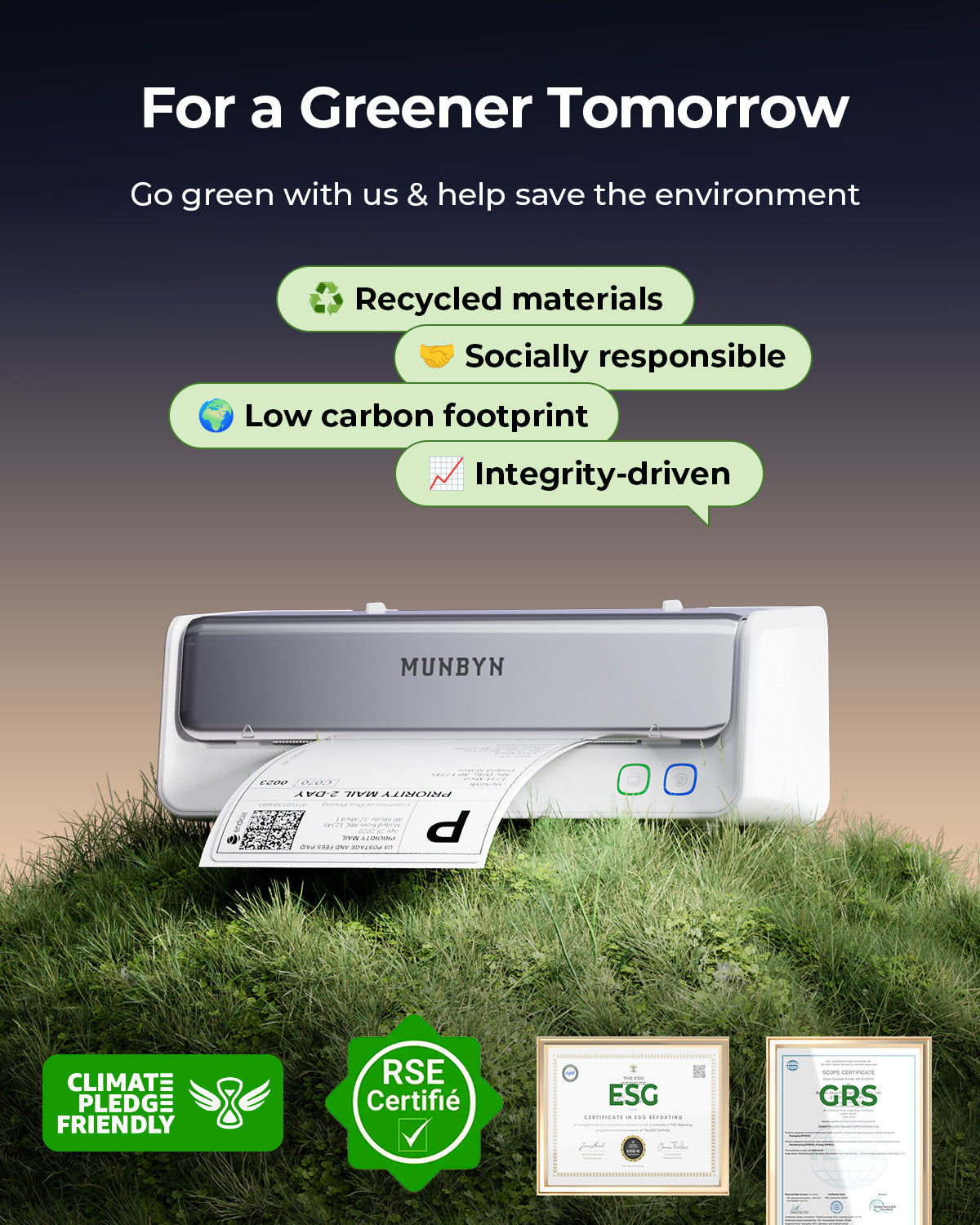 Eco-friendly thermal printer on grass with recycled shipping label, sustainability badges, certificates