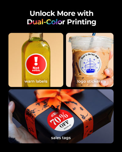 Examples of dual-color thermal printing labels, including a warning label on a bottle, a logo sticker on a drink cup, and a sales tag on a gift box.