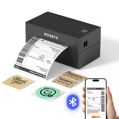 Black thermal label printer printing shipping labels, Bluetooth icon, phone showing label, assorted stickers.
