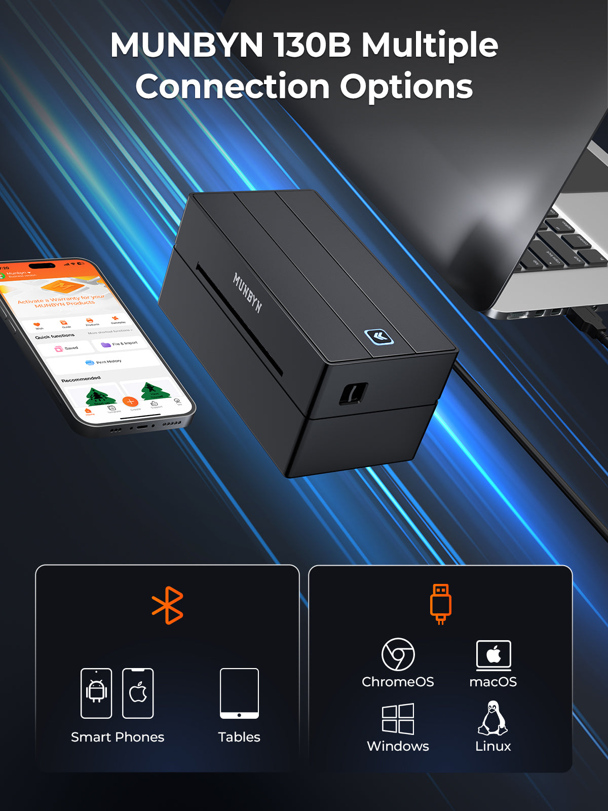 Black thermal printer with smartphone, laptop, and icons for Bluetooth, USB, and OS compatibility