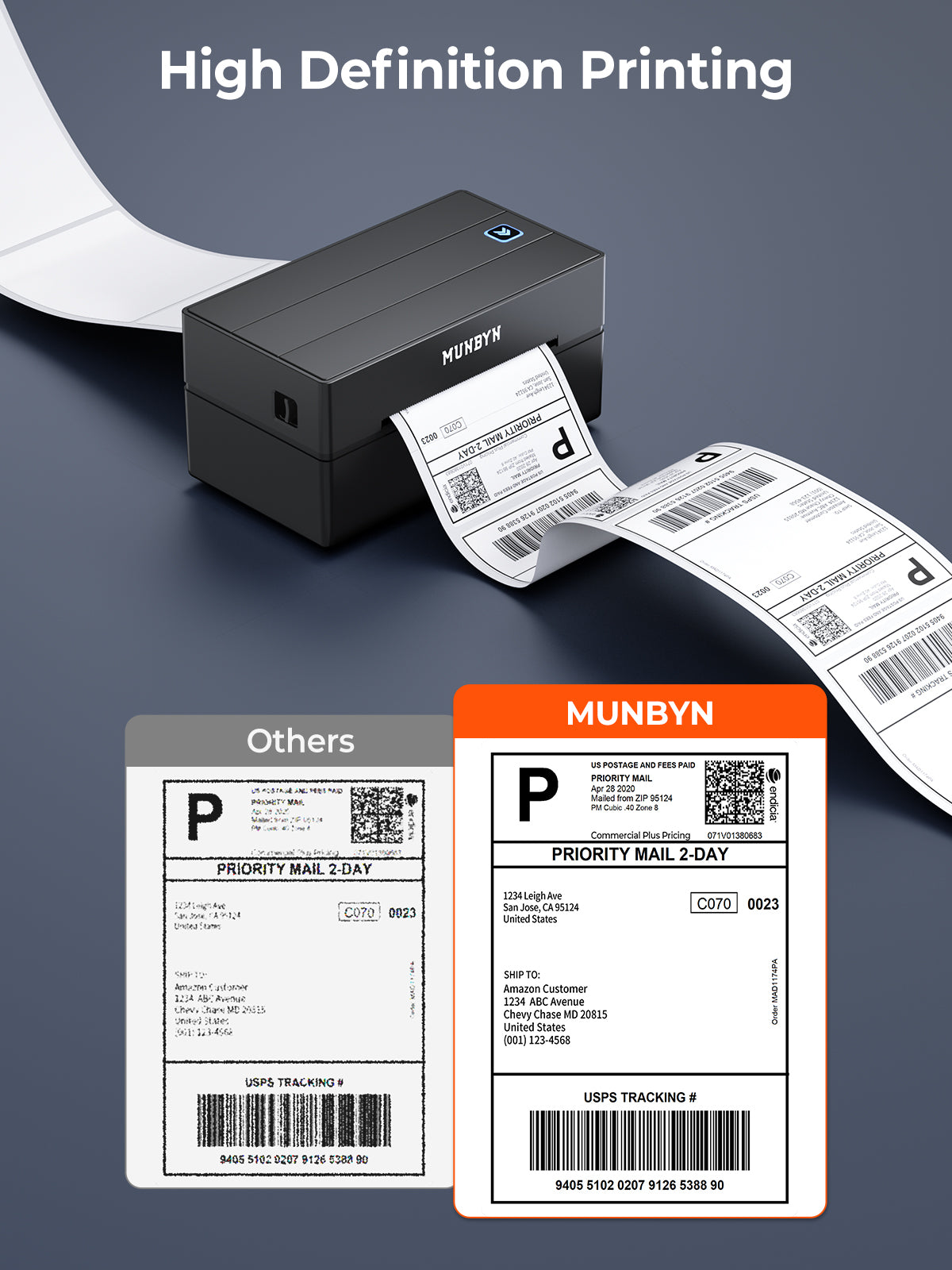 Black thermal label printer printing shipping labels, showing high definition label comparison.