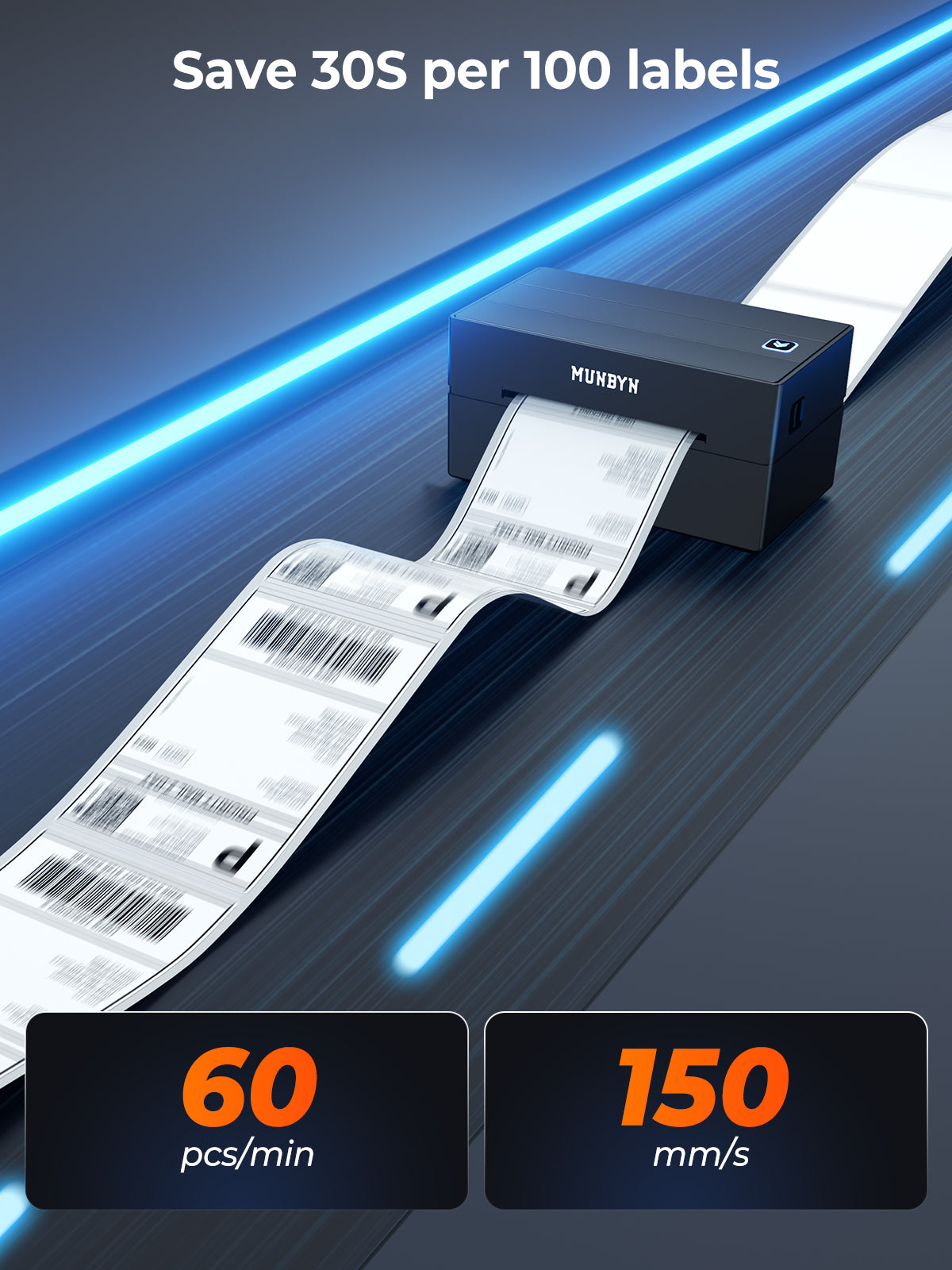 Thermal label printer printing barcode labels at high speed, showing 60 labels per minute and 150 mm per second.