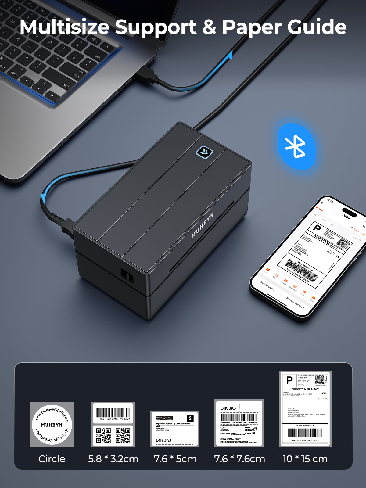 Bluetooth thermal label printer connected to laptop and smartphone, showing multsize label support.