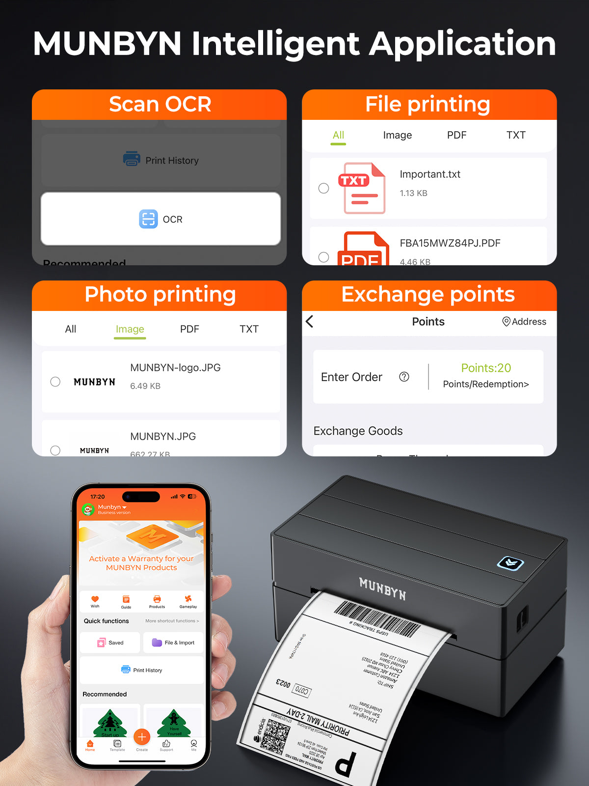 Thermal label printer with mobile app features for OCR scan, file printing, and photo printing.