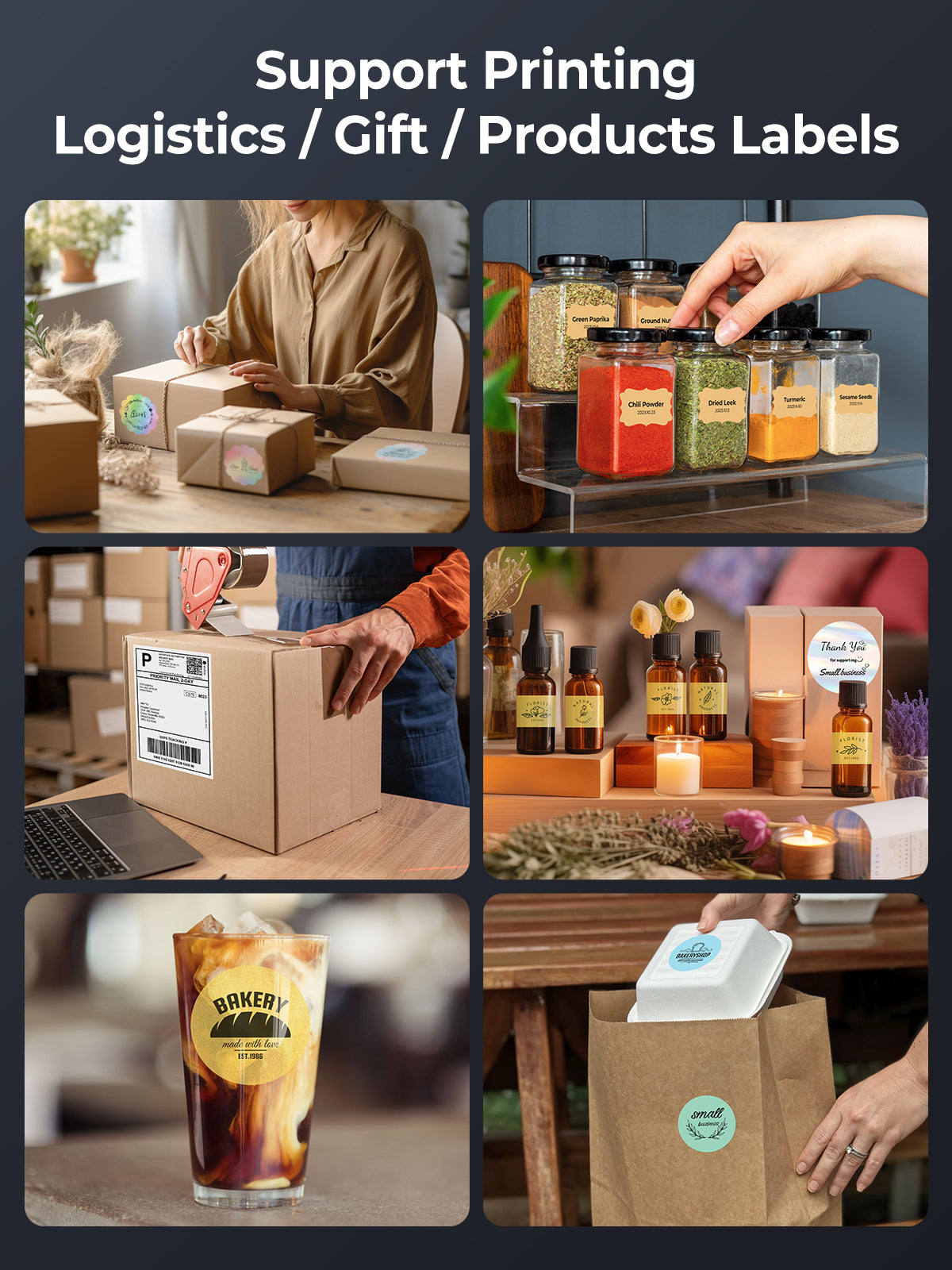 Collage of product, shipping, gift, and food packaging labels on boxes, jars, bottles, and cups.