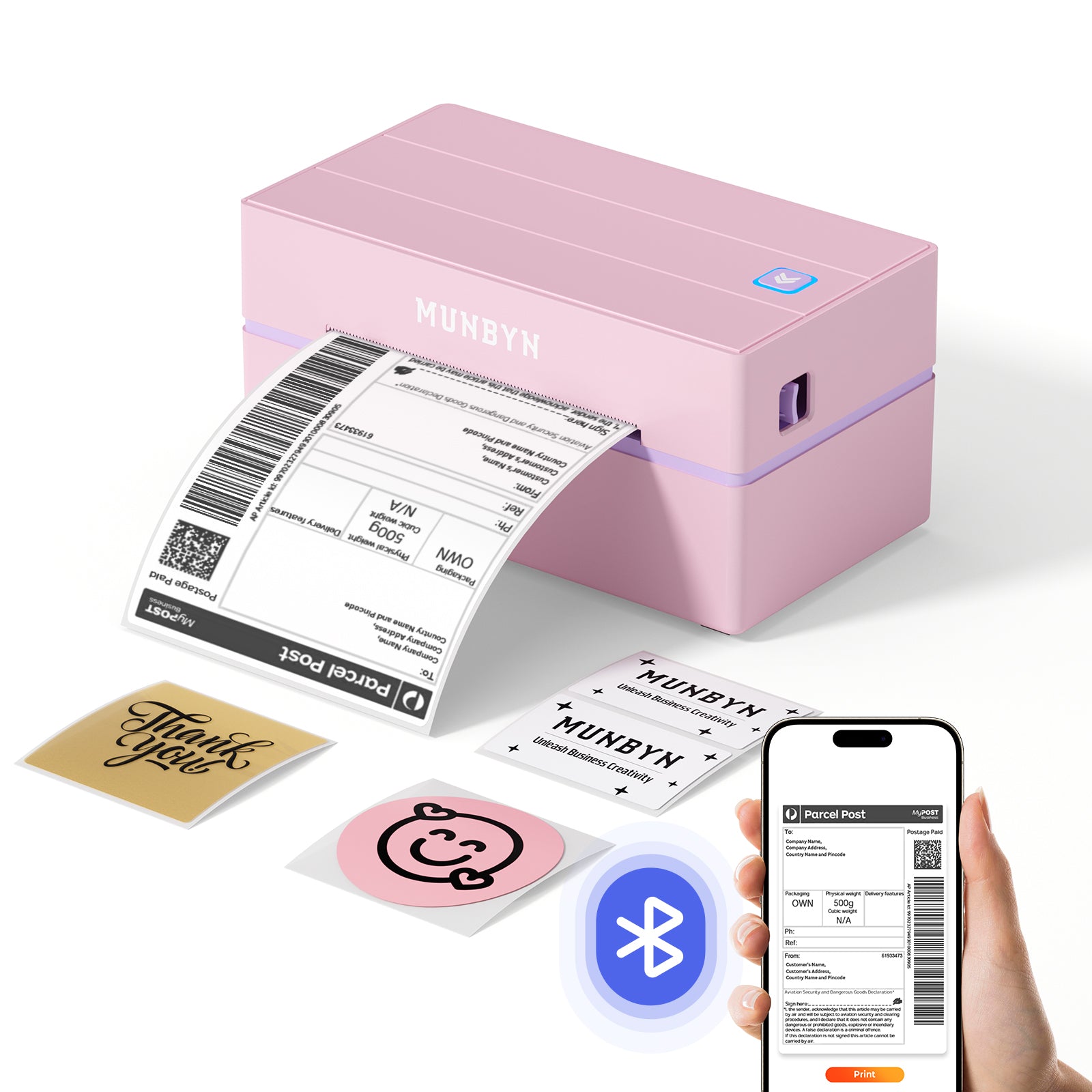Pink thermal label printer printing shipping and custom stickers, connected via smartphone Bluetooth