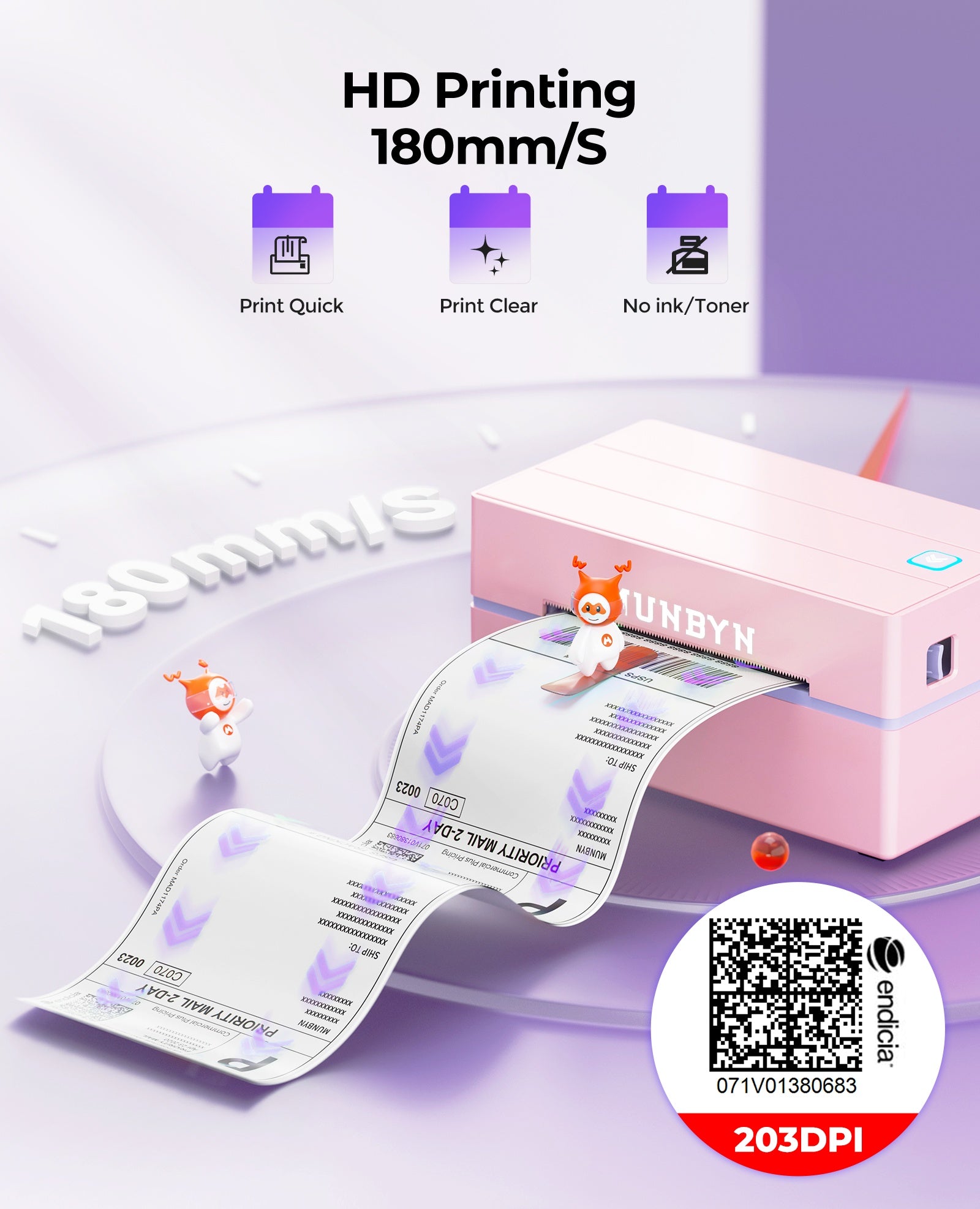 Pink thermal label printer printing shipping labels, 180mm/s HD output, no ink required.
