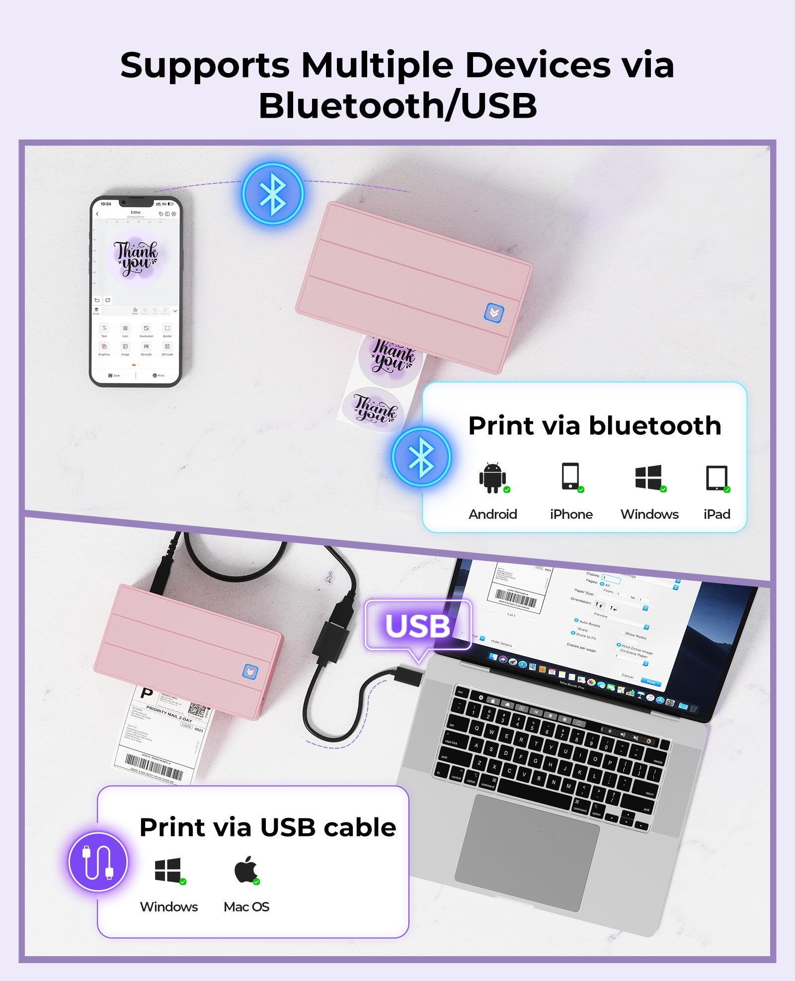 Pink thermal label printer connected to smartphone via Bluetooth and laptop via USB