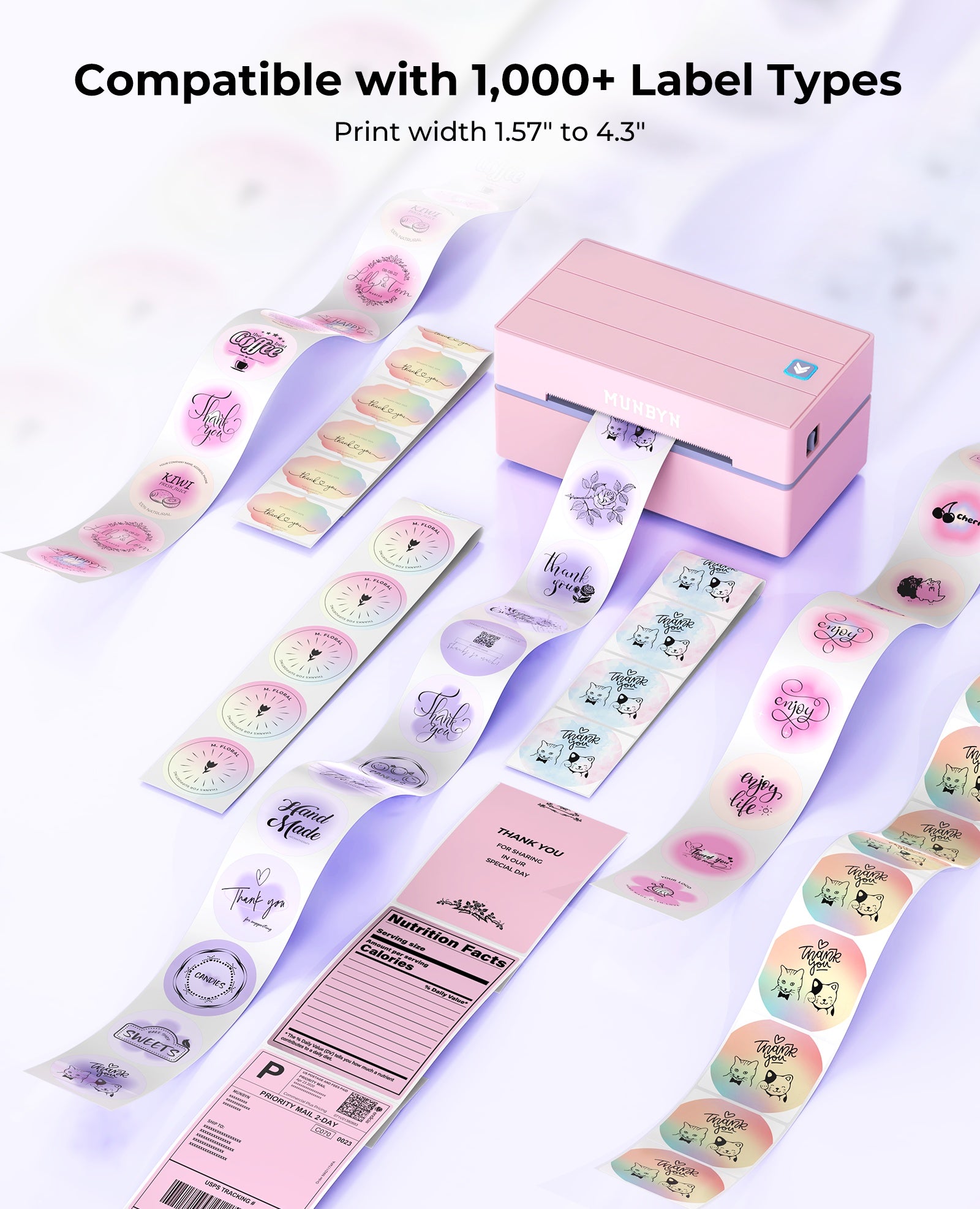 Pink thermal label printer with various colorful custom label stickers and shipping labels