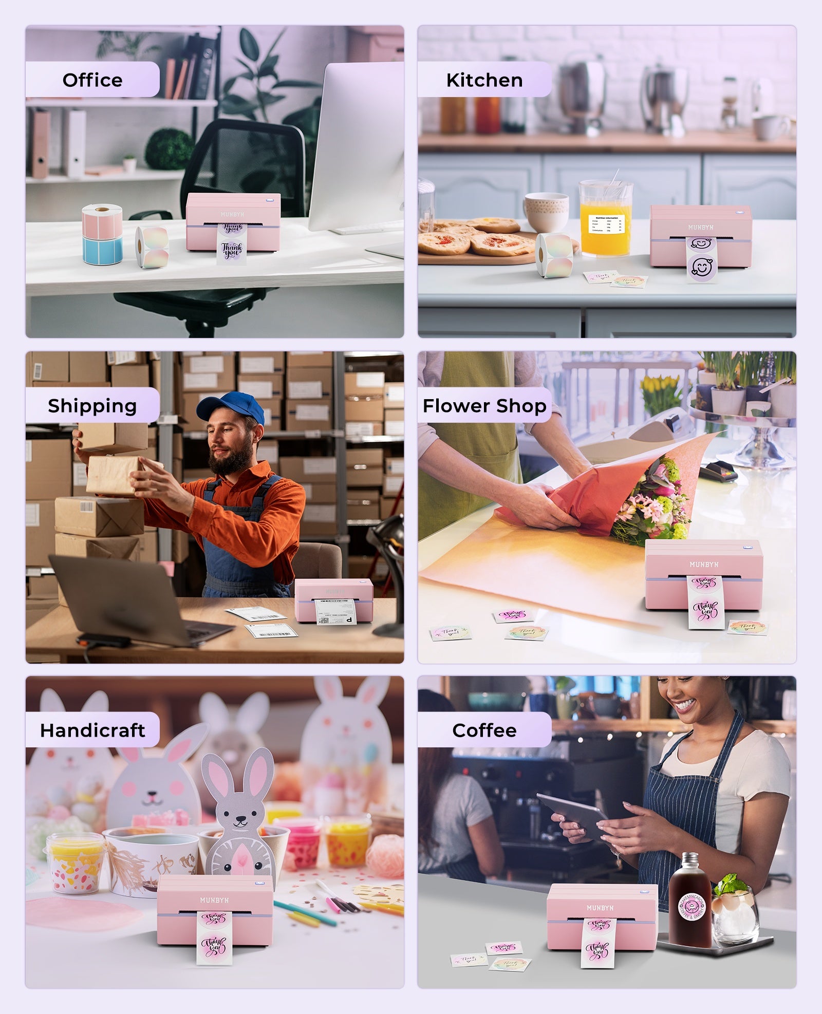 Pink thermal label printer in office, kitchen, shipping, flower shop, handicraft, and coffee shop settings.