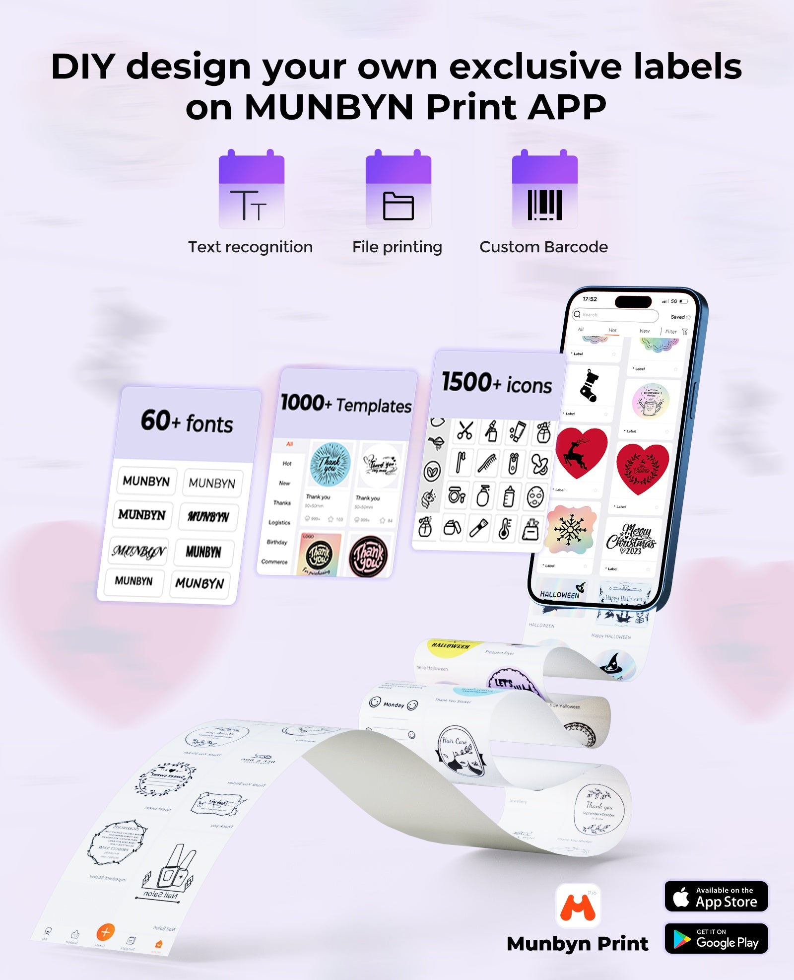Mobile app for custom label printing with fonts, templates, icons, and text recognition features.