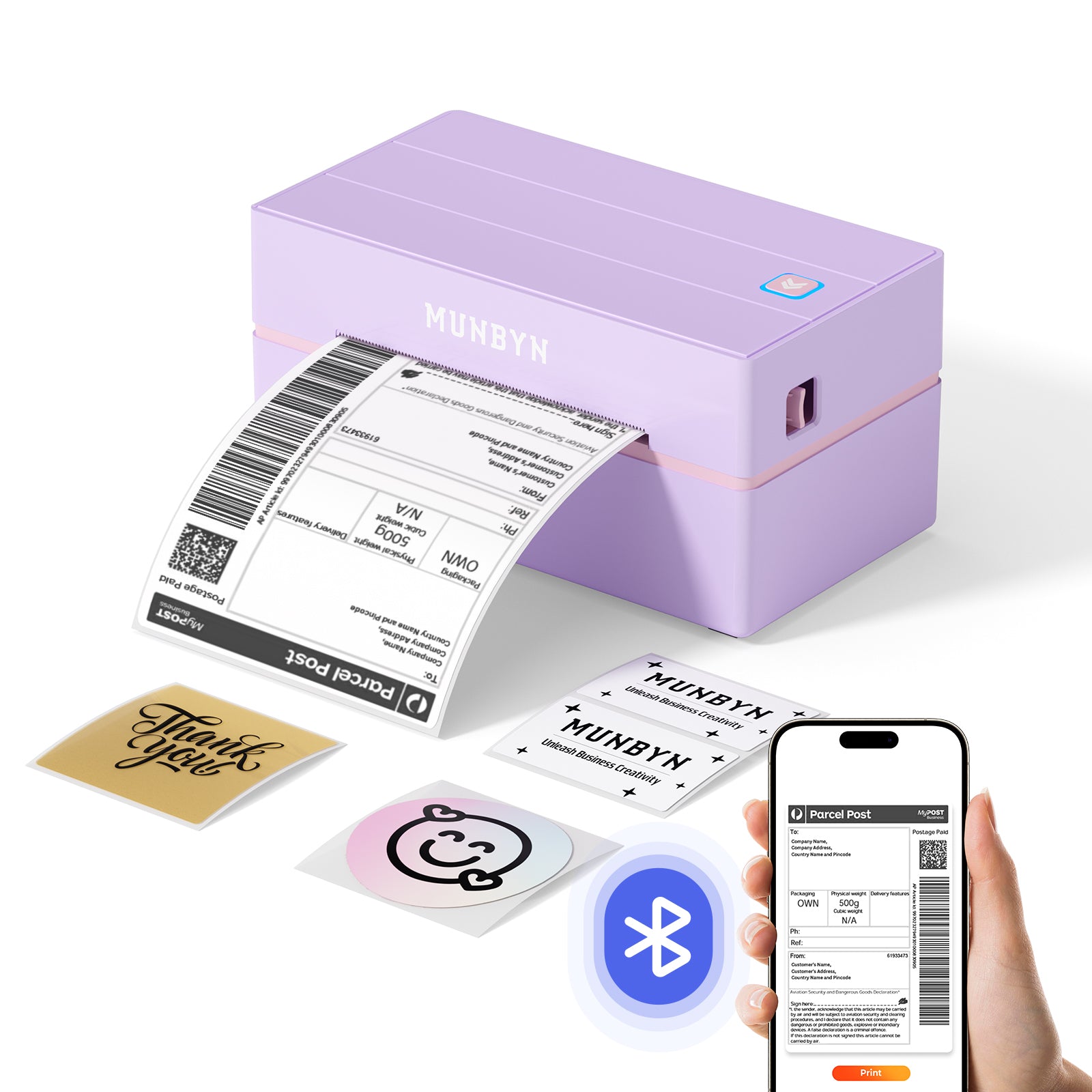 Purple Bluetooth thermal label printer printing shipping and custom stickers next to smartphone