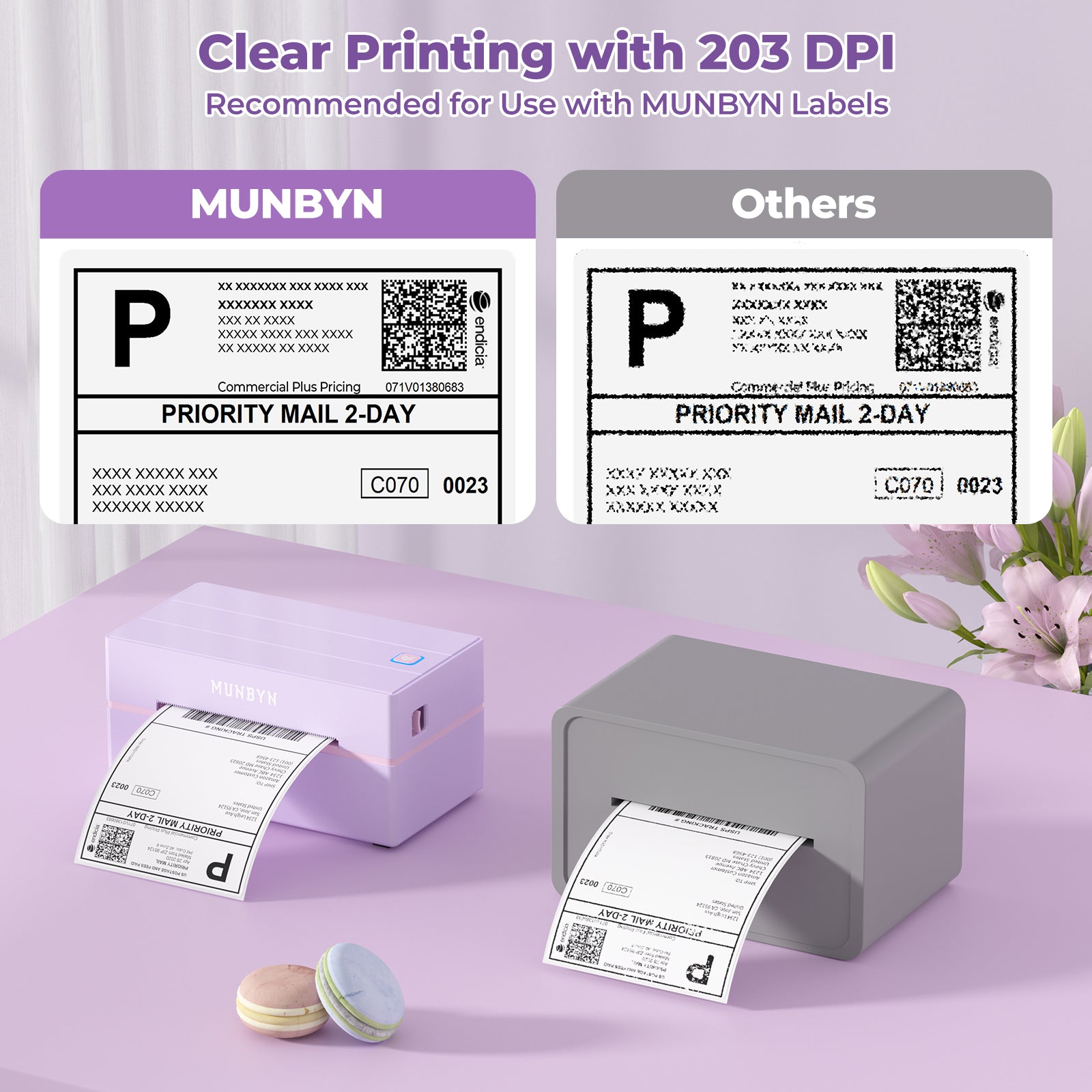 Thermal label printers comparison showing clear 203 DPI shipping label print quality