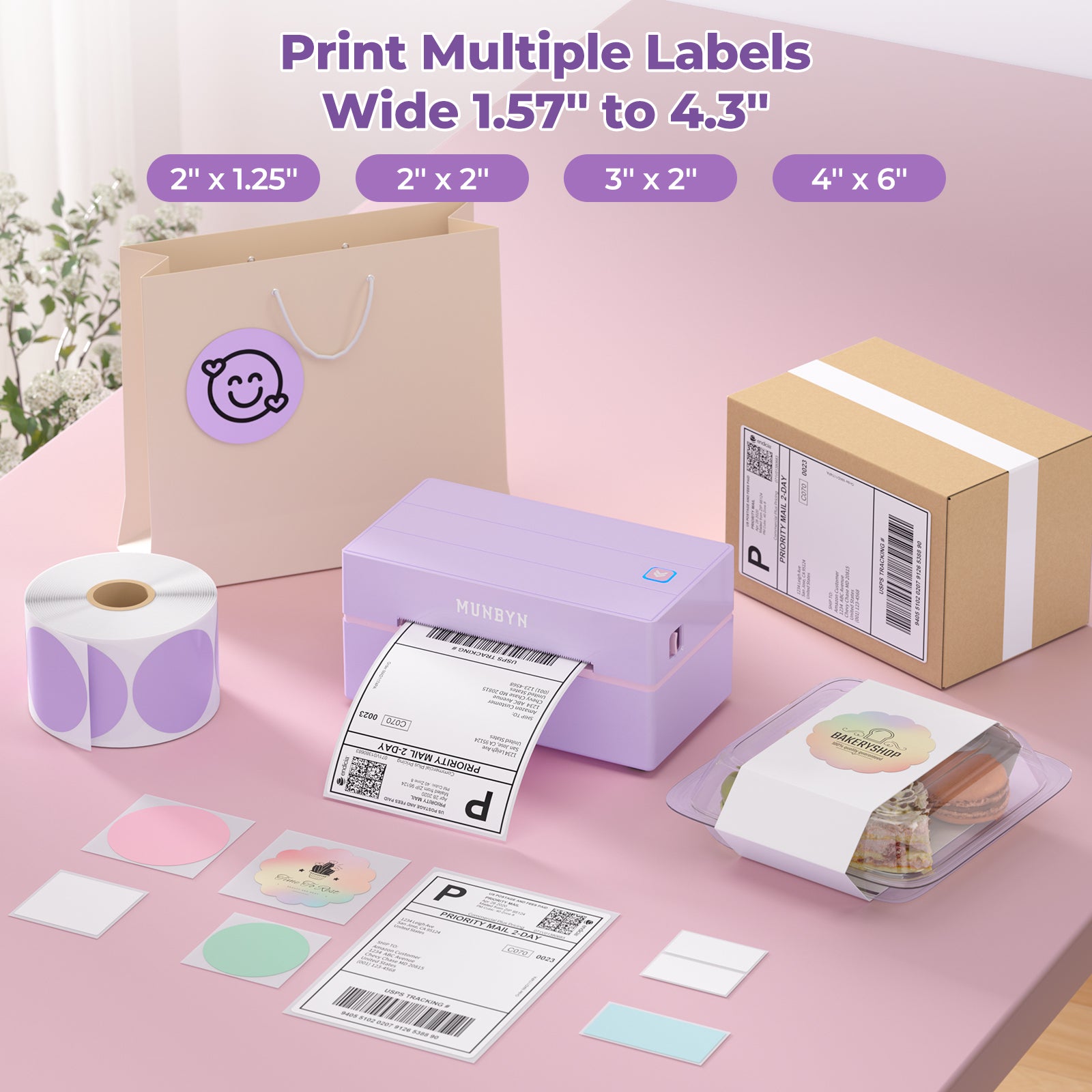 Purple thermal label printer printing shipping and packaging labels in various sizes on a pink desk.