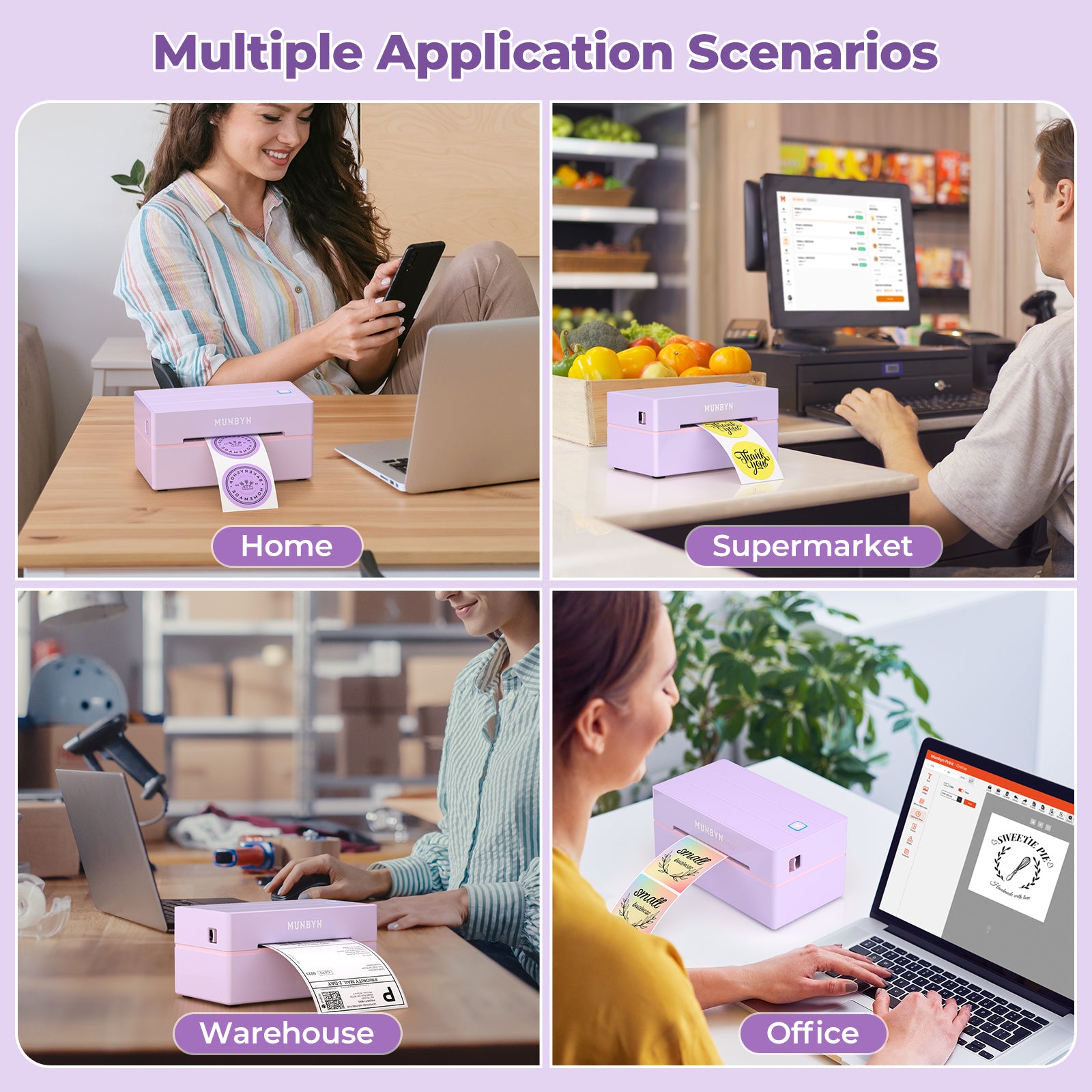 Purple thermal printer used for printing labels in home, office, warehouse and supermarket settings