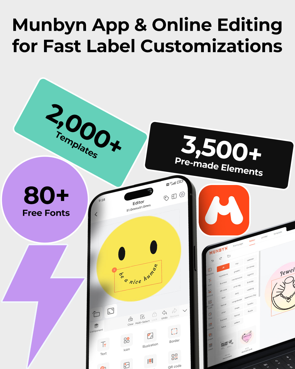 Mobile app for label editing with 2,000+ templates, 3,500+ elements, and 80+ fonts displayed.