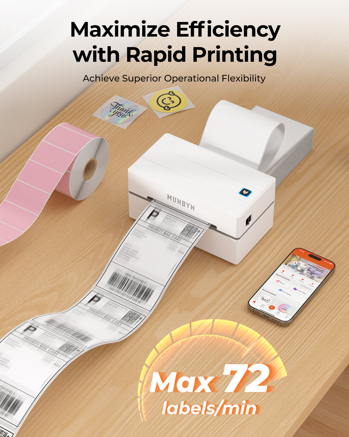 White thermal label printer printing shipping labels on wooden desk, max 72 labels per minute.