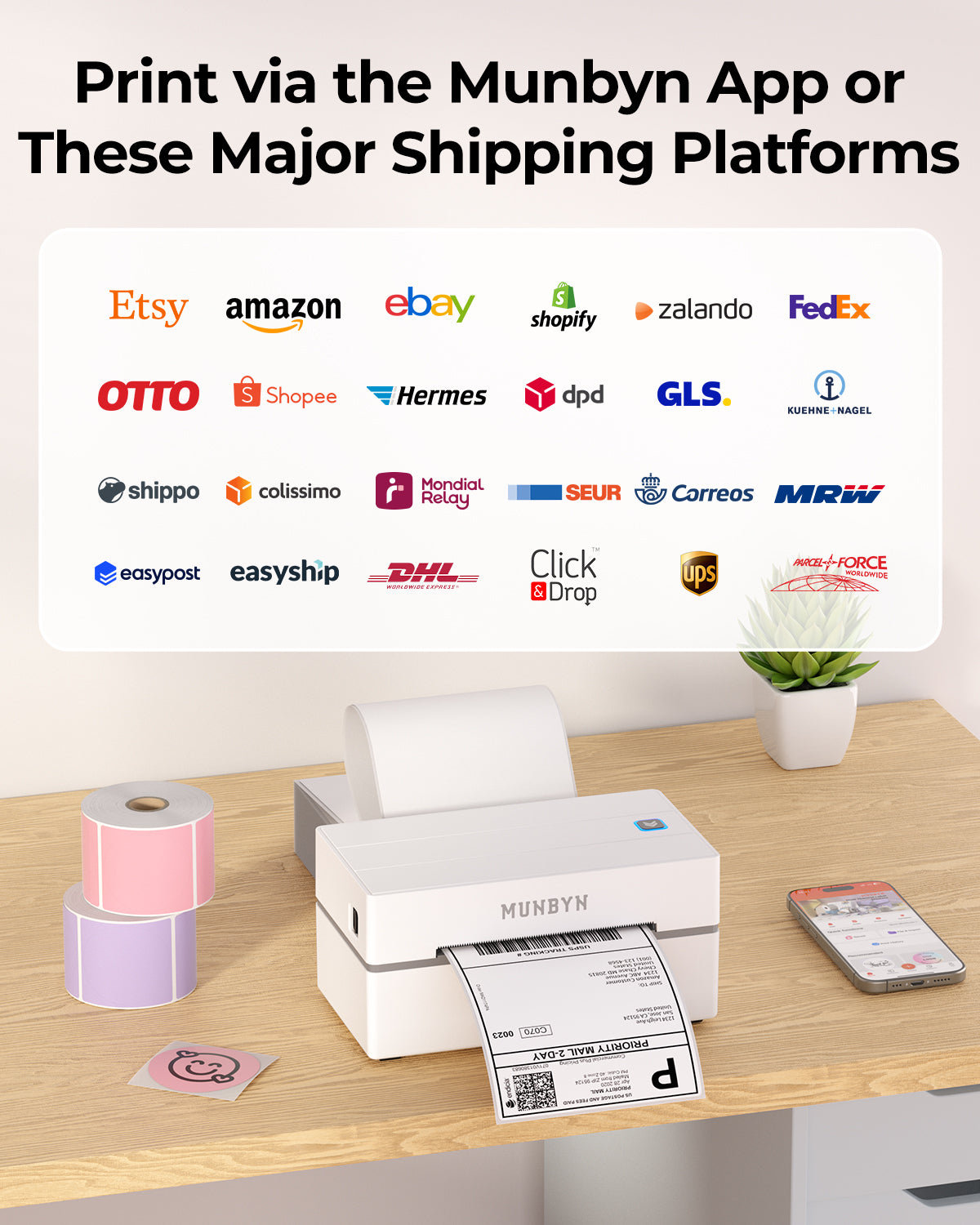 Thermal label printer printing shipping label on desk, compatible with major e-commerce platforms.