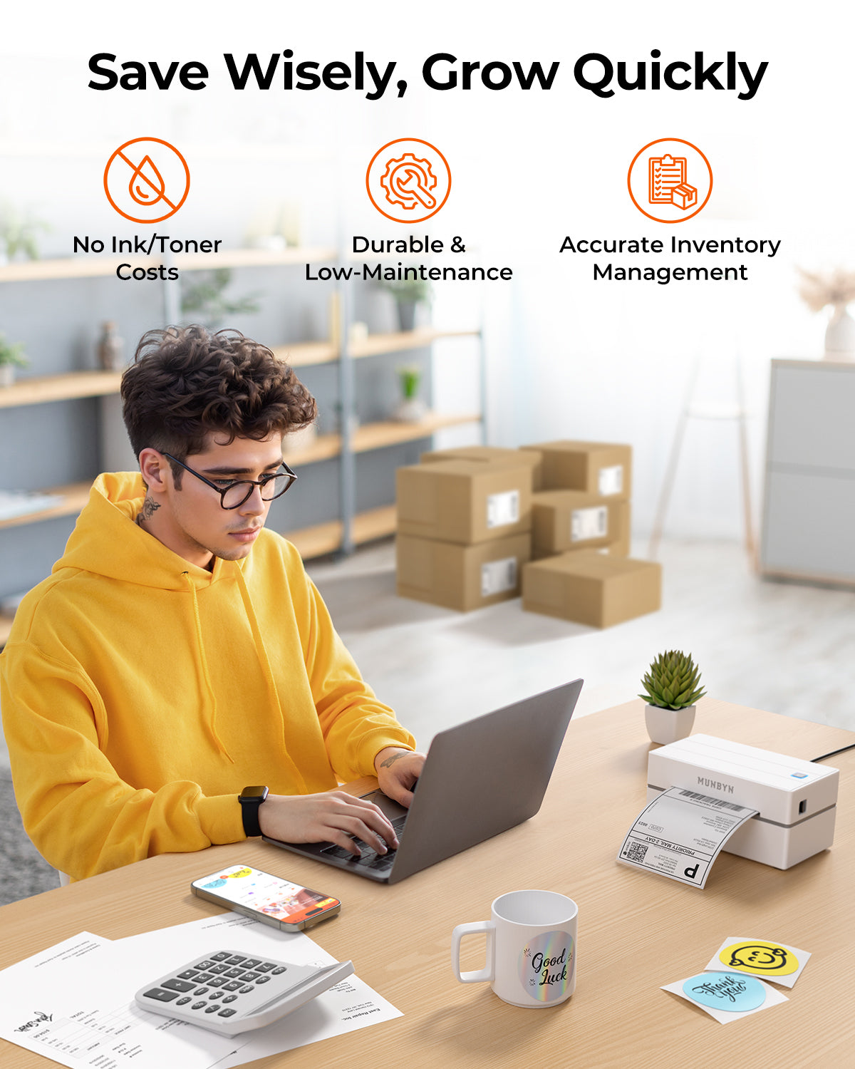 Man working at desk with laptop, thermal label printer, shipping labels, and packages in office