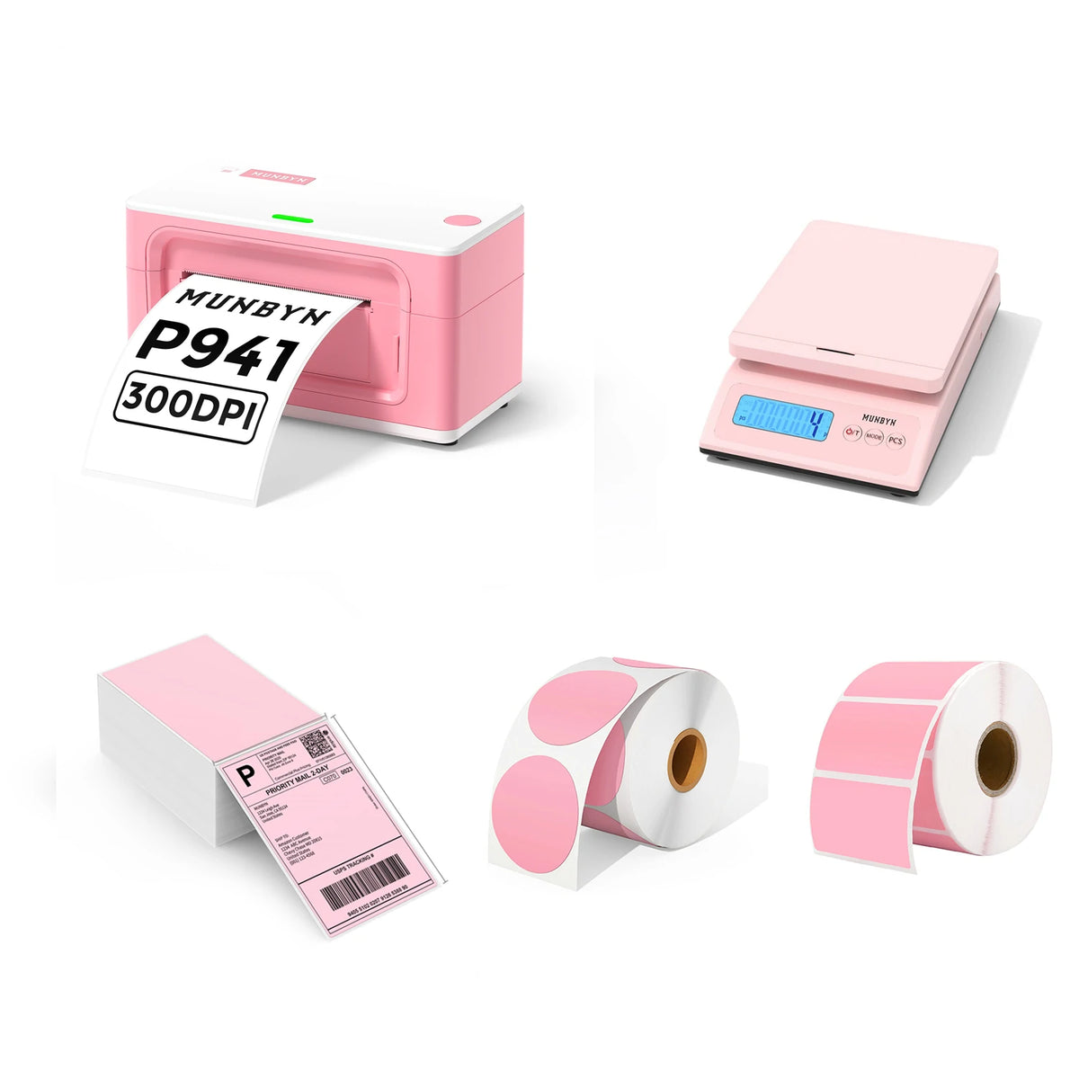 MUNBYN 4x6 USB Thermal Shipping Label Printer P941 Pro Starter Kit Full Set | Pink