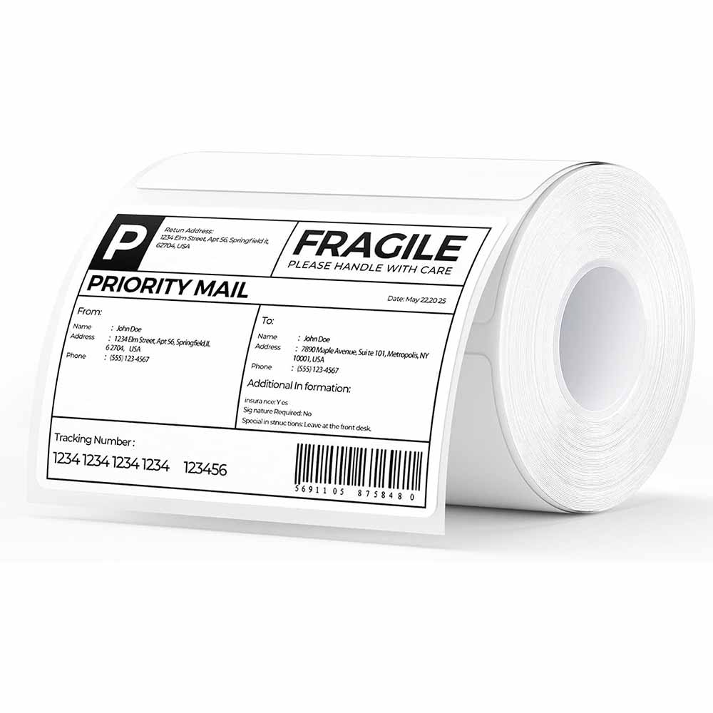 Set of four 4x3 inch rectangle labels printed on MUNBYN label printer paper, showing clean, blank label sheets for office or shipping use.