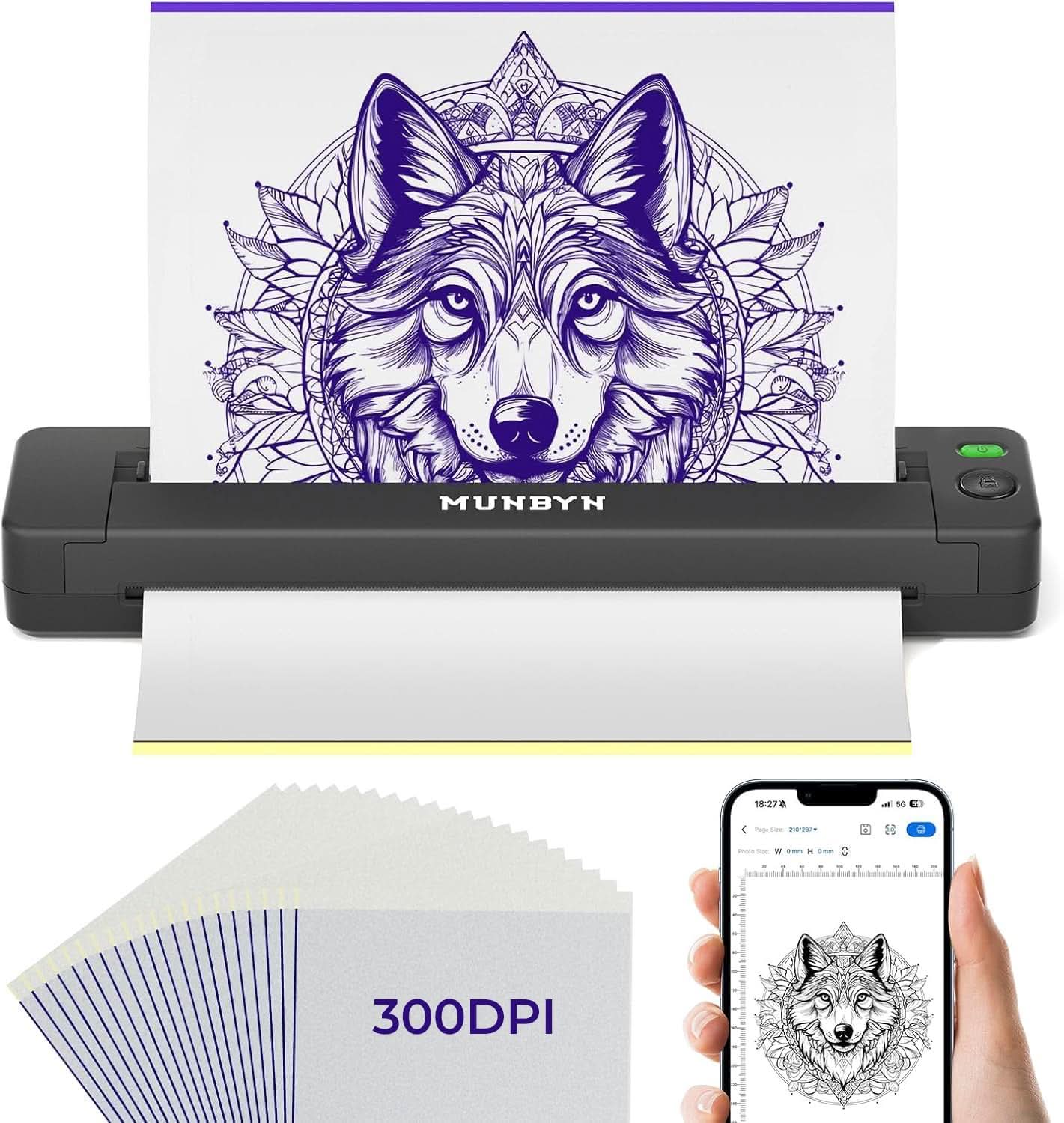 Thermal printer printing detailed wolf artwork, 300DPI paper, wireless printing via smartphone