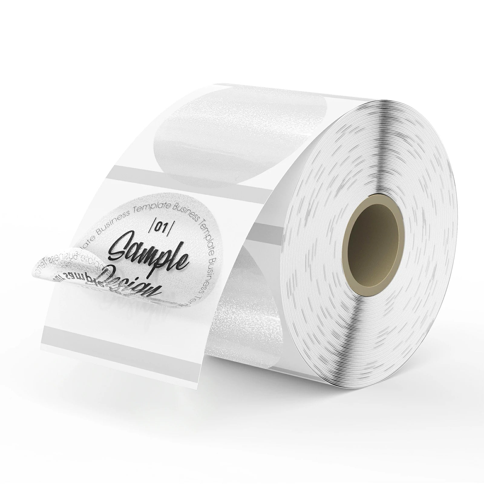 Roll of clear round thermal labels with sample design text, ideal for shipping and packaging