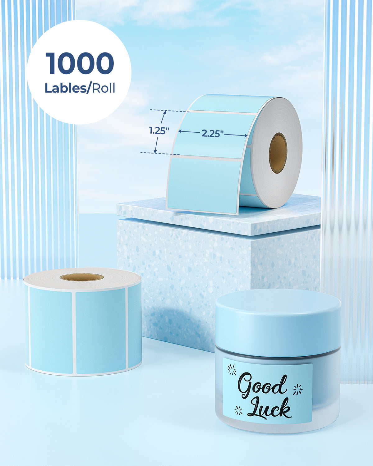 Blue thermal label rolls, 2.25 x 1.25 inch, 1000 labels per roll, for shipping and packaging