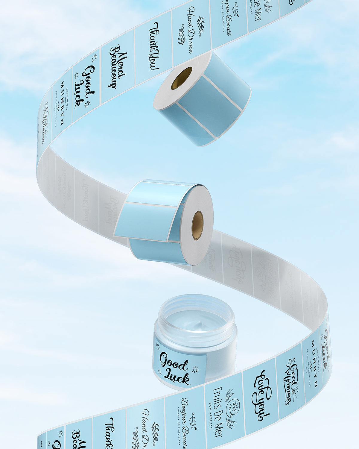 Light blue thermal label rolls with various printed messages, applied to a small jar, on a sky background.