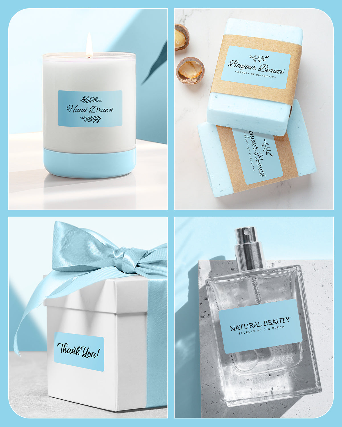 Light blue rectangular label stickers on candle, soap bars, gift box, and perfume bottle.