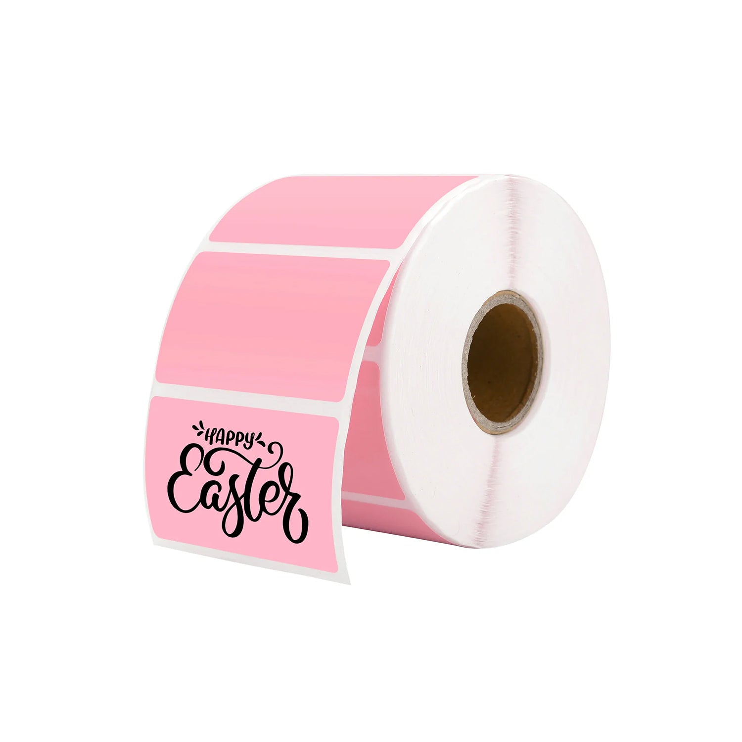 Pink thermal label roll with 'Happy Easter' text, used for shipping and packaging