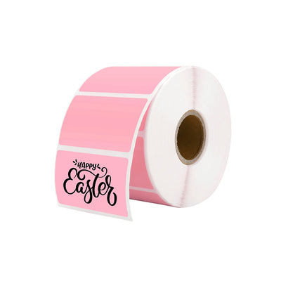 Pink thermal label roll with 'Happy Easter' text, used for shipping and packaging
