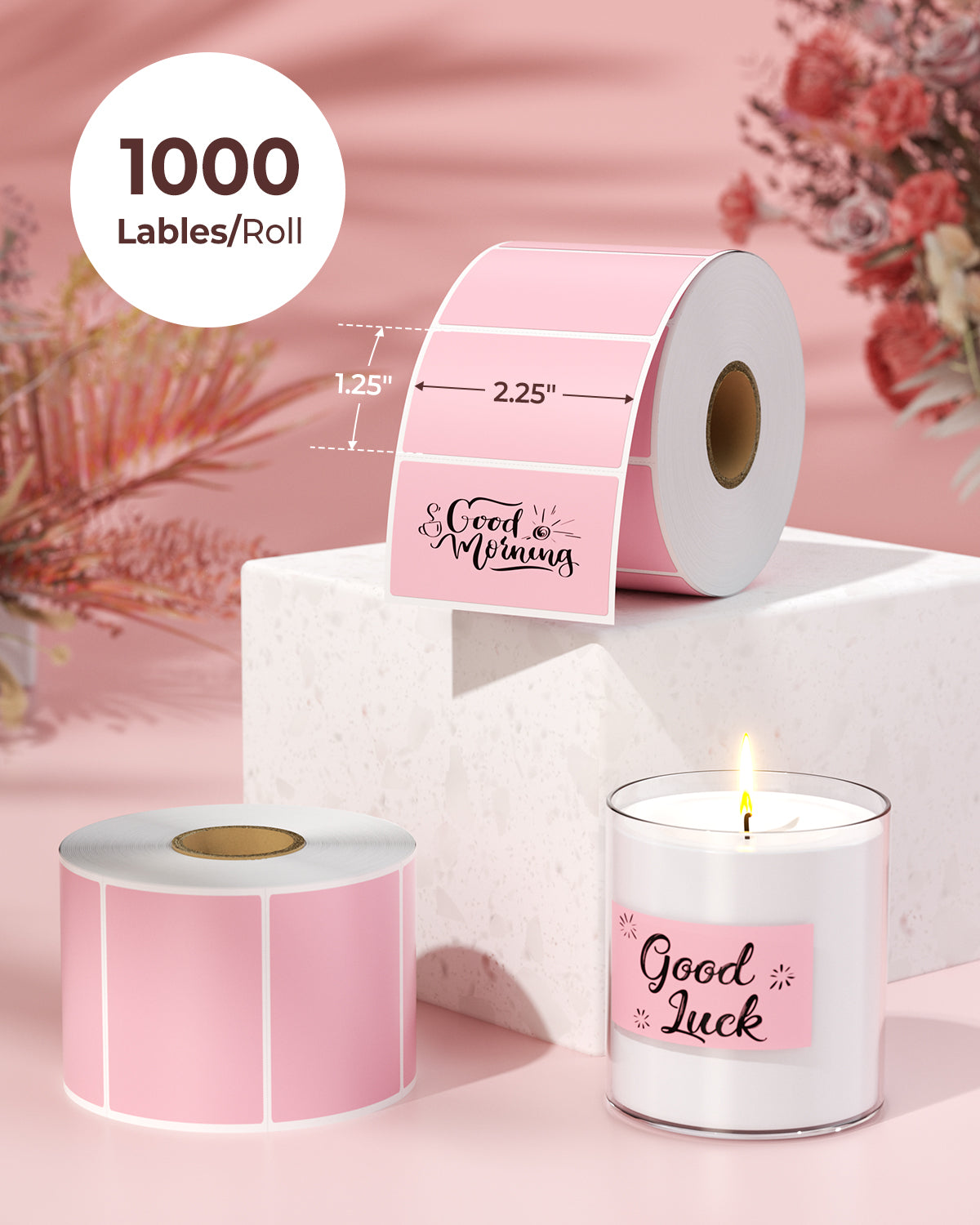 Pink thermal label rolls, 2.25x1.25 inches, 1000 labels per roll, used for packaging or candles