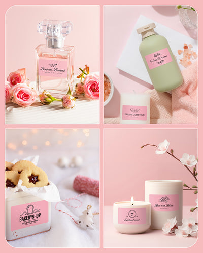 Pink thermal label stickers on perfume, lotion, candles, and cookie tin with floral decor