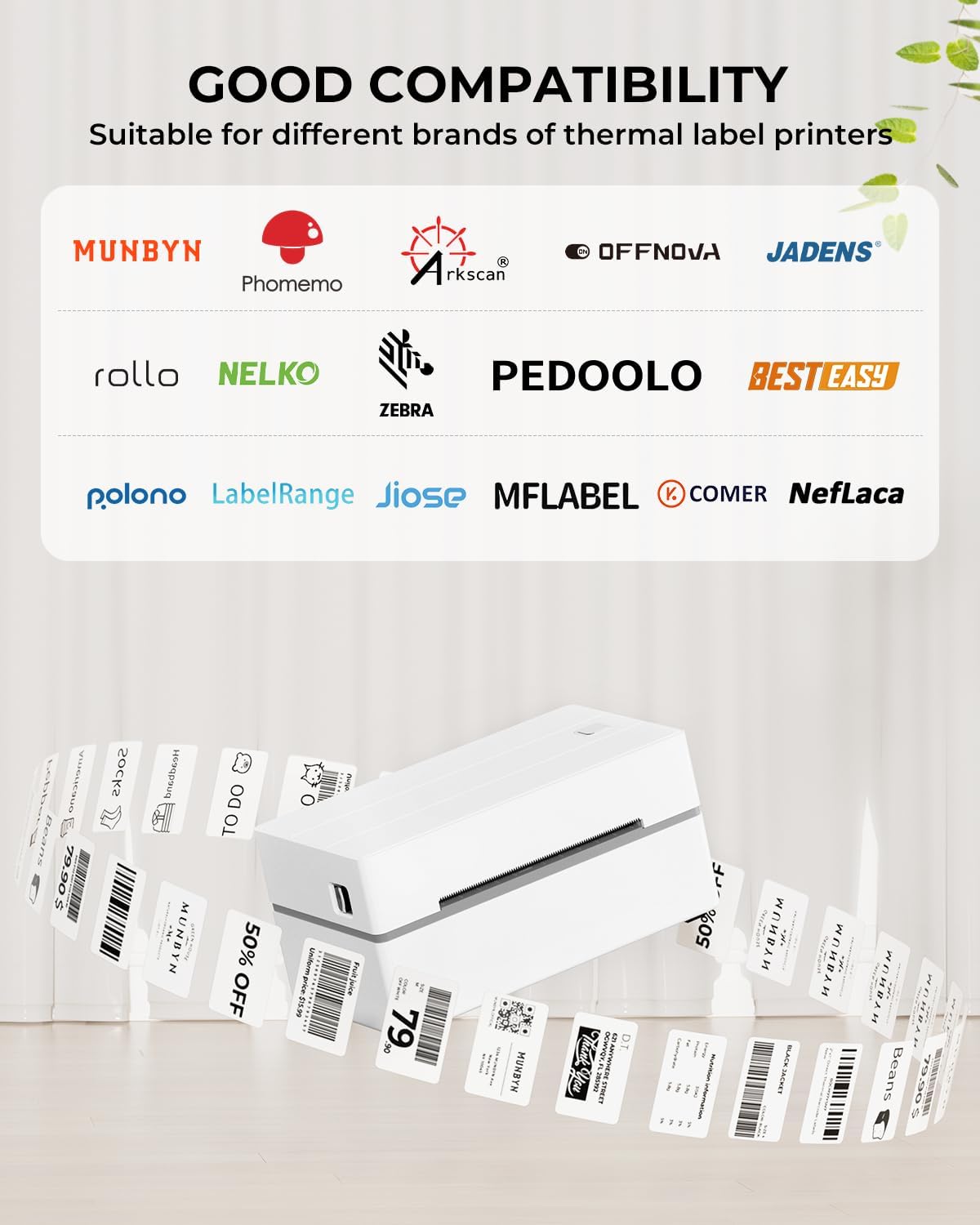 White thermal label printer with flying barcode and shipping labels, compatible with multiple brands.