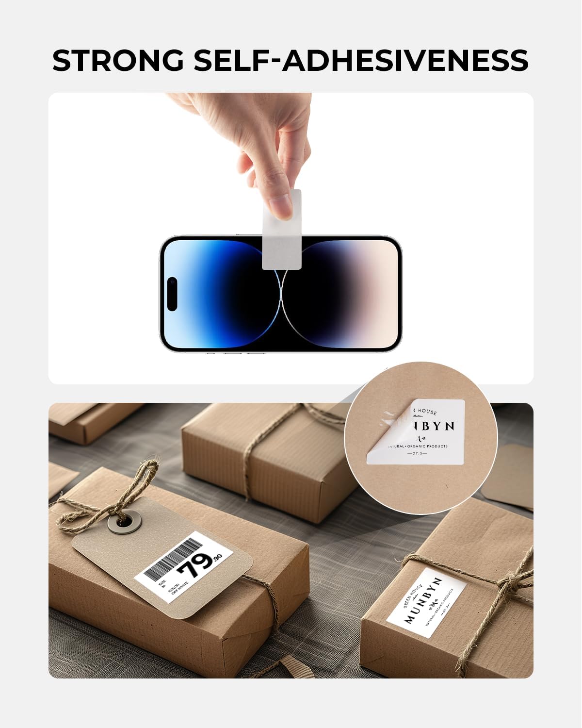 Thermal shipping labels with strong self-adhesive used on packages and a smartphone.