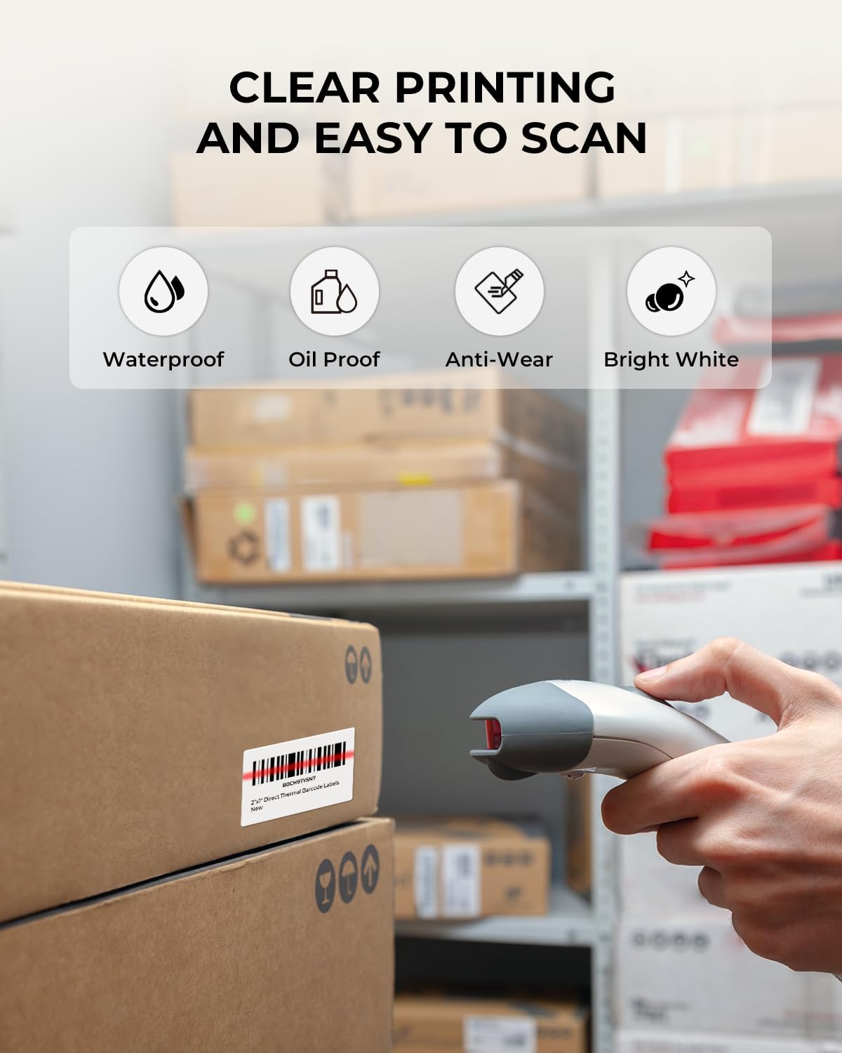 Hand scans barcode on shipping label for waterproof, oil proof thermal labels on boxes