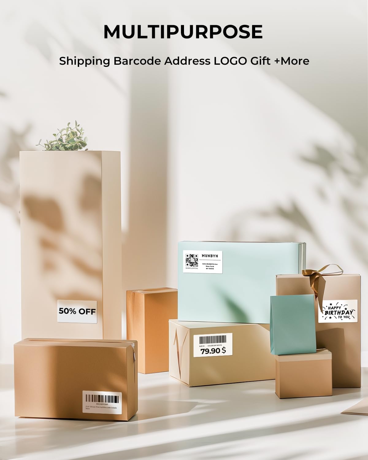Multipurpose thermal labels on assorted shipping, address, barcode, and gift packages