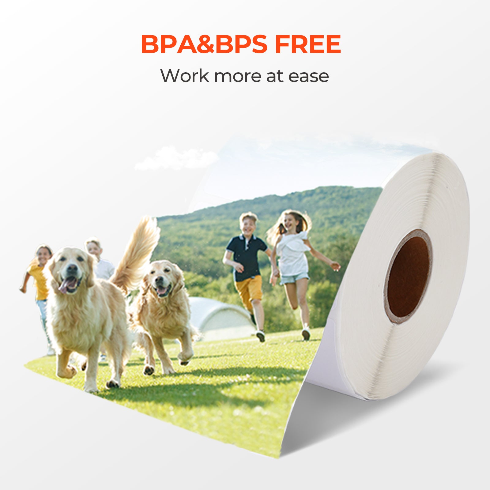 BPA and BPS free thermal label roll with kids and dogs running outdoors, safe for shipping labels