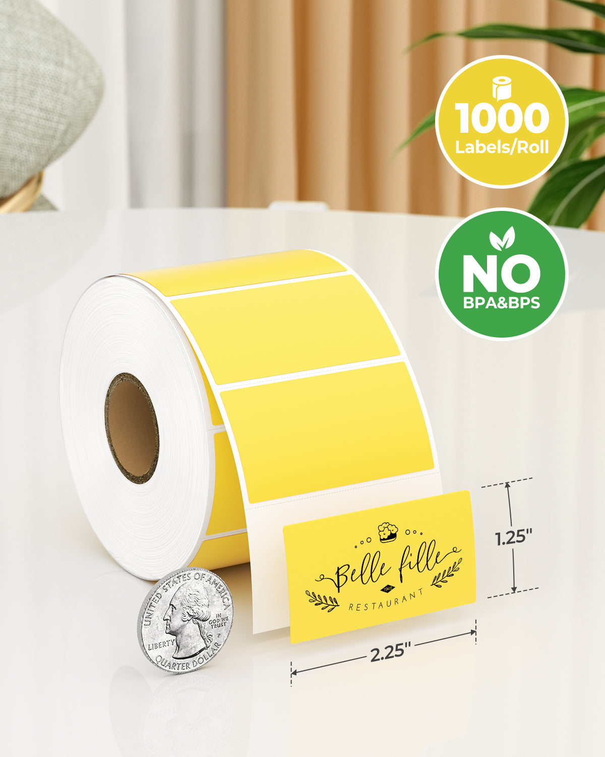 Yellow thermal label roll 2.25x1.25 inches, 1000 labels, BPA-free, for shipping and packaging