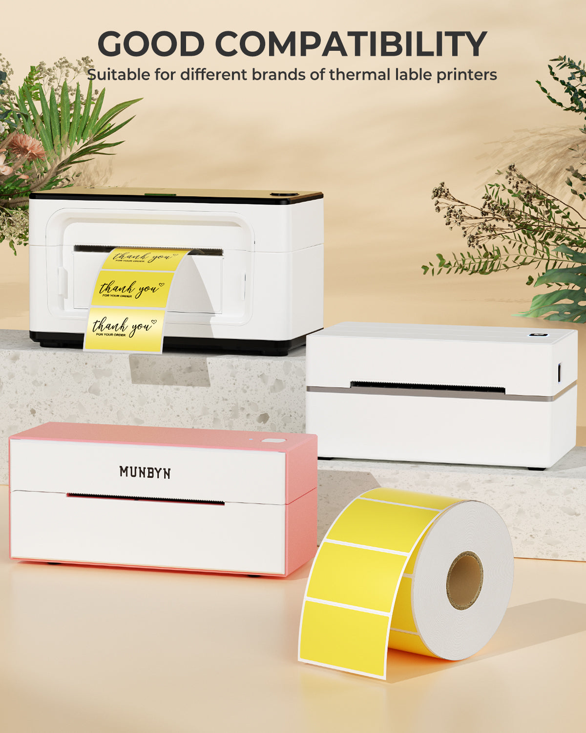 Yellow thermal labels and label printers on display, showing compatibility for shipping and packaging.
