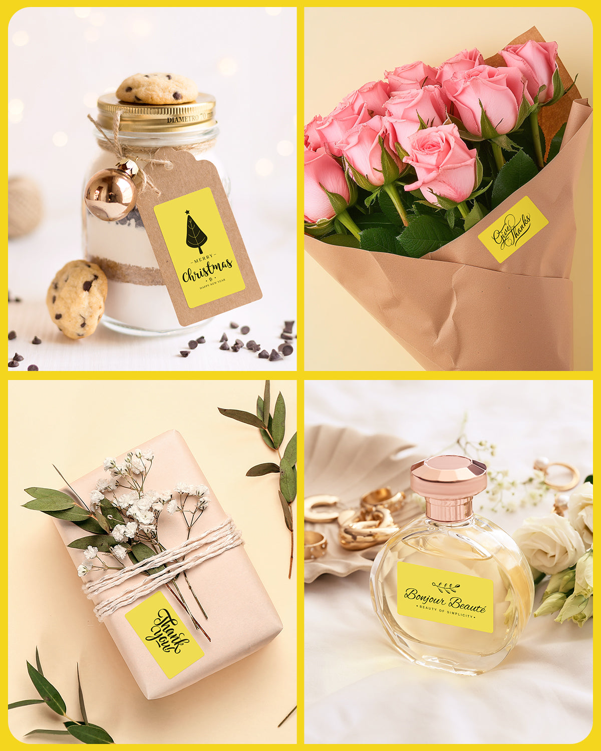 Yellow thermal labels on gift jar, bouquet of pink roses, wrapped present, and perfume bottle