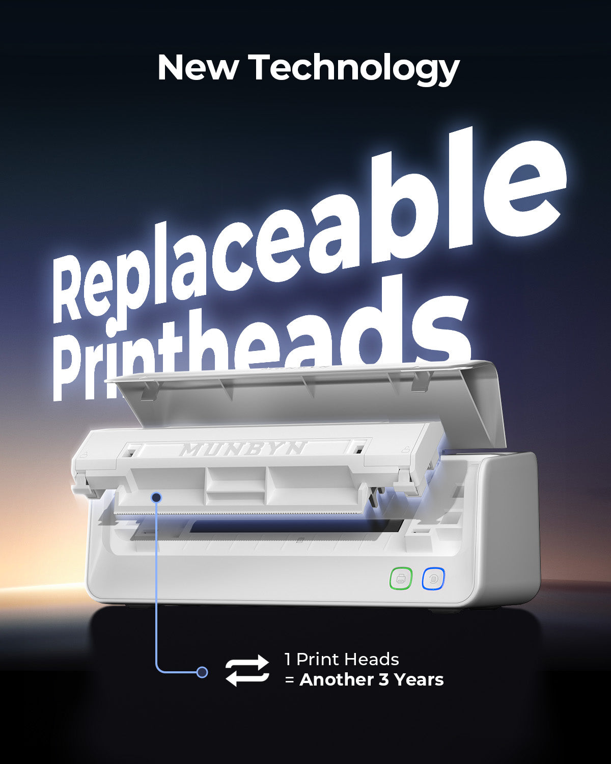 Thermal label printer with open lid showcasing replaceable printheads and new technology text.