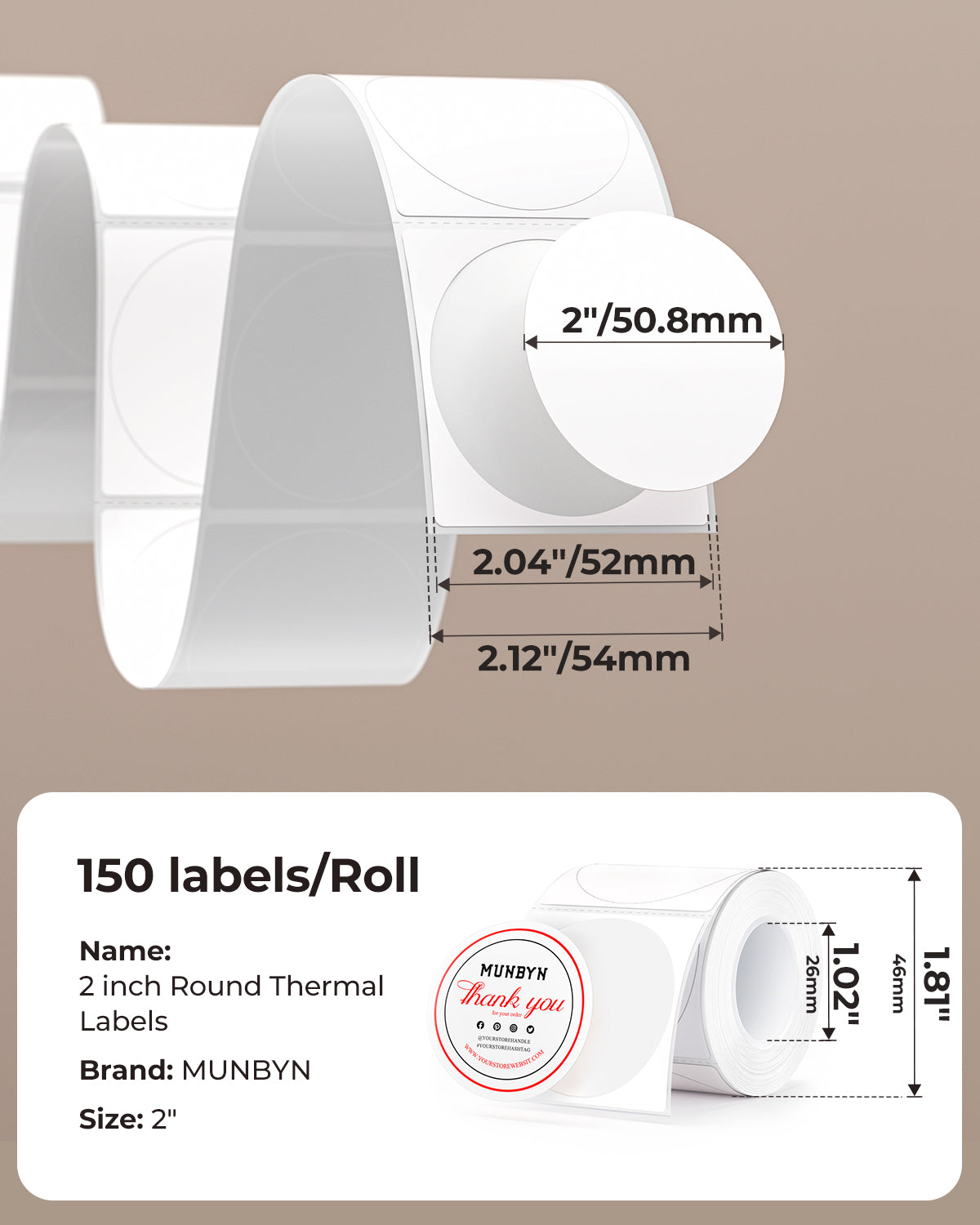 2 inch round thermal labels roll with size measurements for shipping and packaging