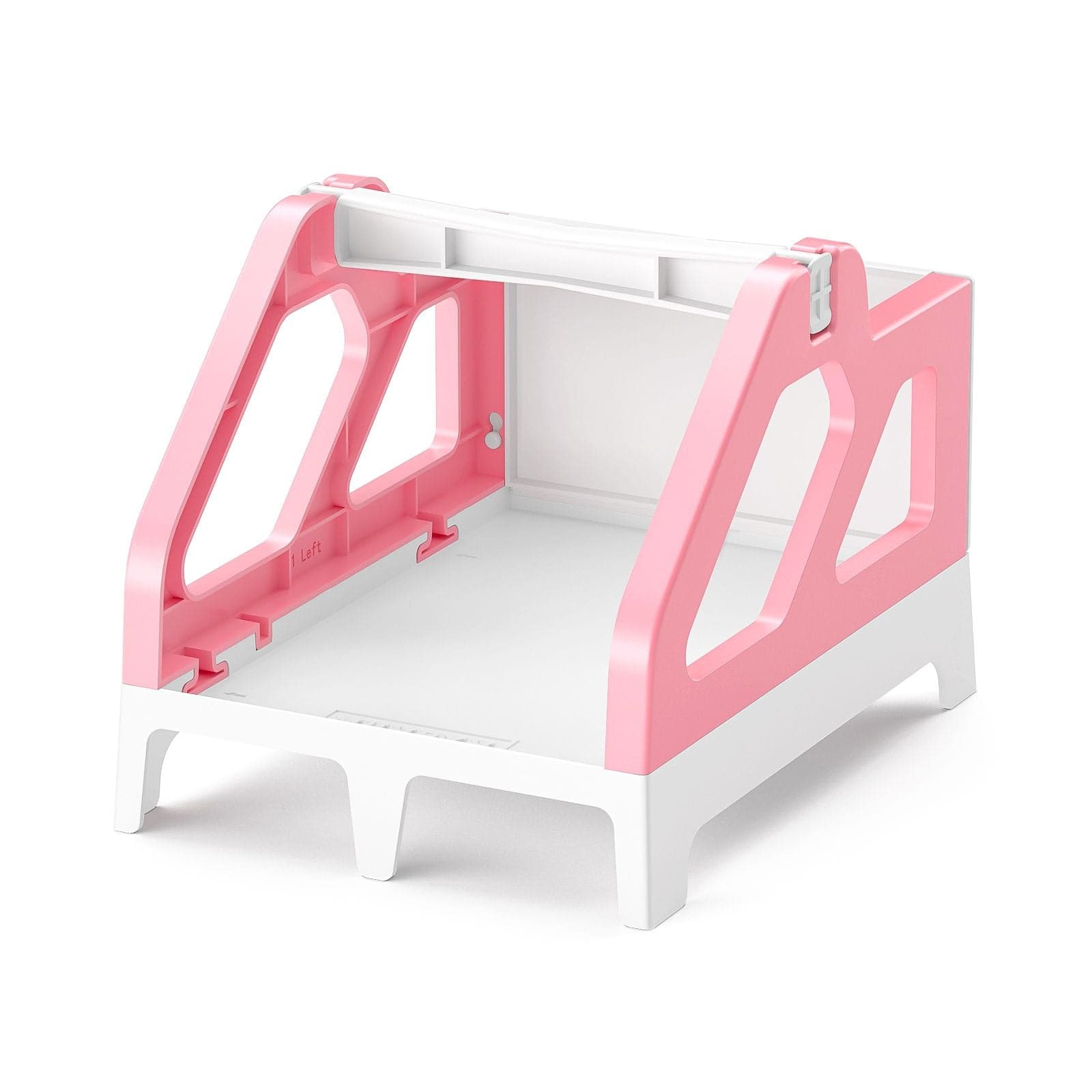 Pink and white thermal printer holder stand, desktop printer accessory.