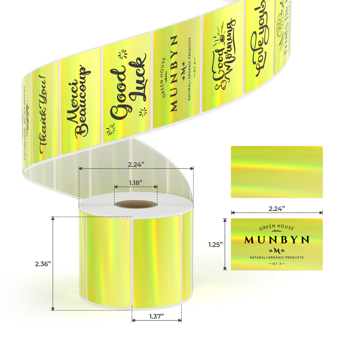 MUNBYN rectangular gold holographic thermal labels come with 250 labels per roll, offering a generous supply for your projects or business needs.
