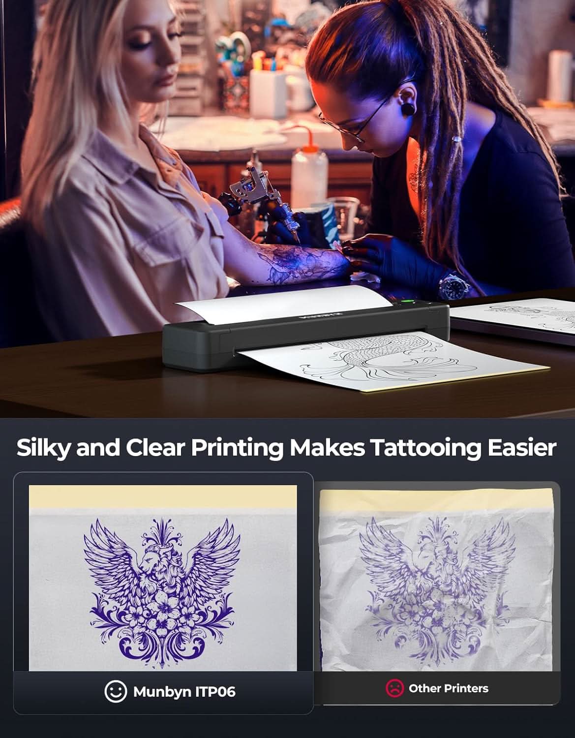 Tattoo artist using a thermal printer to create clear tattoo stencil designs in a studio.