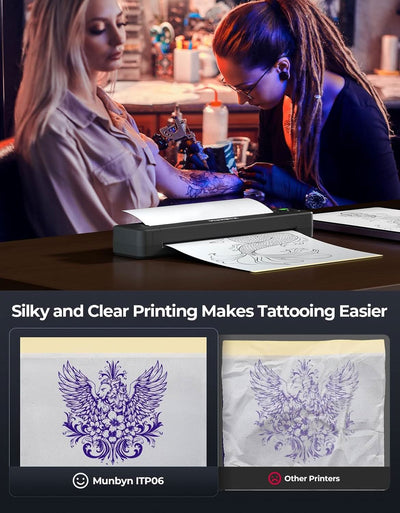Tattoo artist using a thermal printer to create clear tattoo stencil designs in a studio.