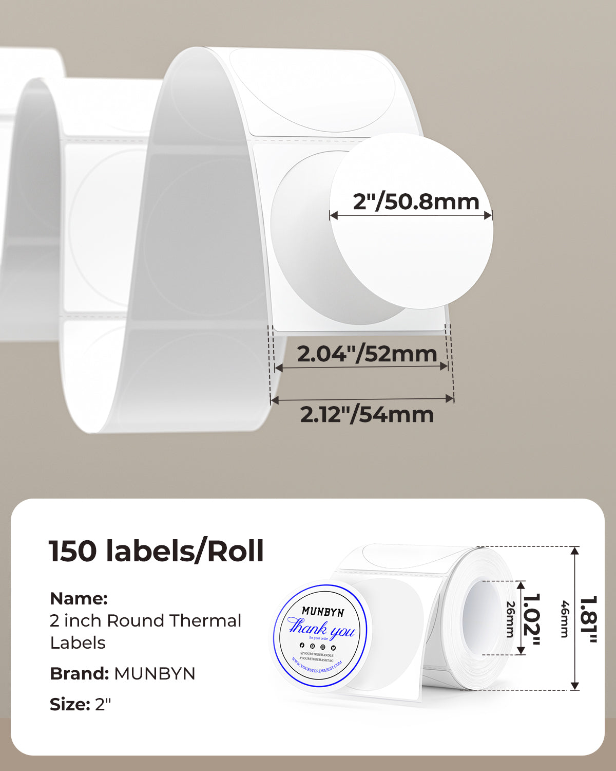 2 inch round thermal labels roll, 150 labels, dimensions and size specifications displayed